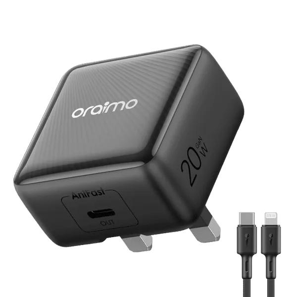 Kit chargeur mural oraimo PowerCube 20 Chic 20W GaN avec câble USB-C vers Lightning
